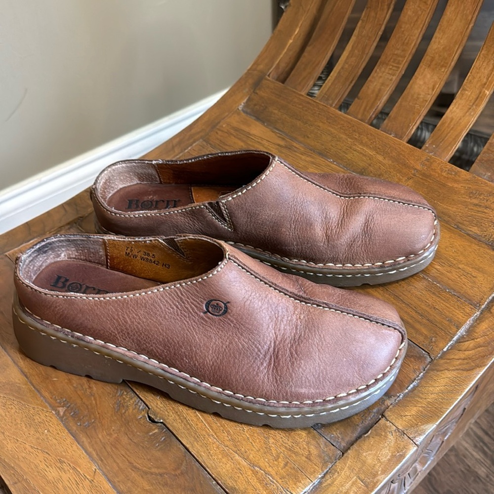 Born Brown Leather Slip On Clogs Size 7 1/2